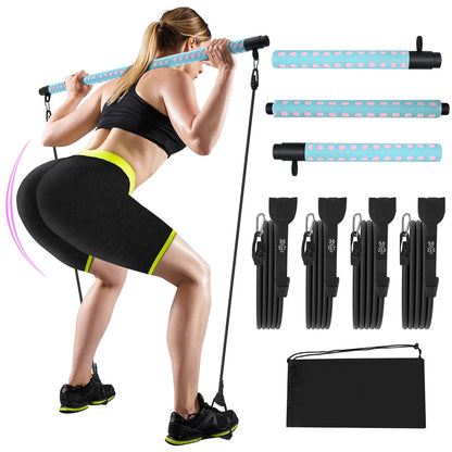 Adjustable Pilates Bar Kit with 4 Resistance Bands, Portable Pilates Bar Stick for Home Workout, Adjustable Pilate Bar for Gym Fitness